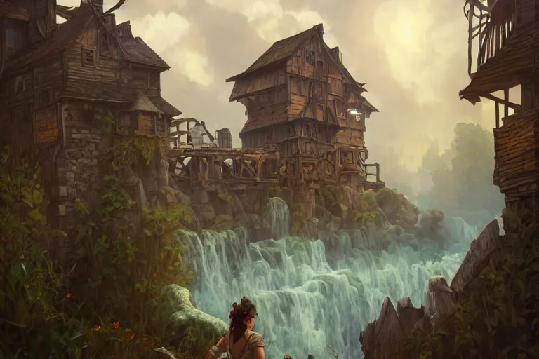 Prompt: a hyperrealistic render of an old mill, outdoor, art by Artgerm and Greg Rutkowski and Alphonse Mucha, hearthstone art style, epic fantasty card game art, Beautiful dynamic dramatic moody lighting, shadows, cinematic, Octane, 8K