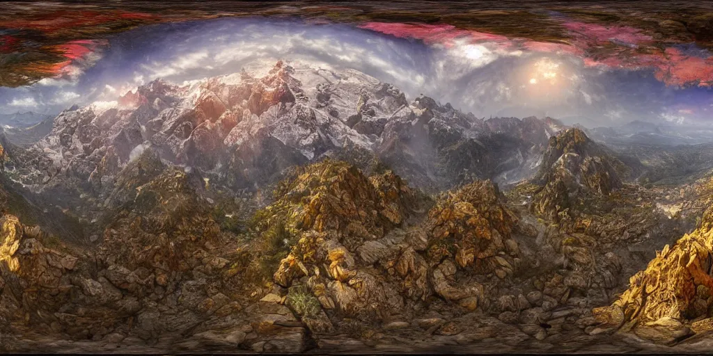 Prompt: streetview equirectangular 360 photo of cinematic shot of mount olympus, colorful, by Andy Thomas, Mario Martinez, Daniel Mirante, Gustave Dore, Artstation, CGsociety, masterpiece