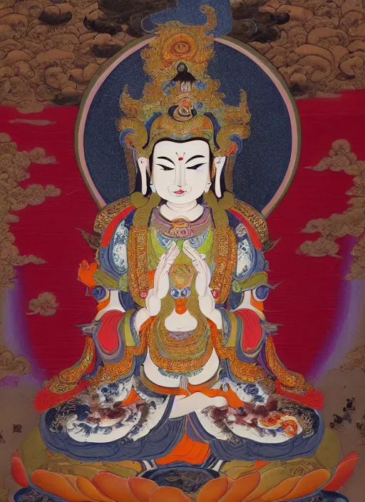 Prompt: A painting of bodhisattva Manjushri by wu daozi, The painting is very meticulous, with every detail carefully rendered. The colors are bright and vibrant, and the overall effect is very pleasing, This painting shows the bodhisattva Manjushri in a seated position, with his legs crossed and his hands resting in his lap. He is surrounded by a blue aura, and his face is serene and peaceful. His clothing is brightly colored and adorned with intricate patterns. The painting is incredibly detailed, with every aspect of Manjushri's appearance rendered in delicate brushstrokes. The artist has paid careful attention to every aspect of the painting, from the way the light plays off of Manjushri's face to the smallest details in his clothing. This painting is a beautiful example of traditional Buddhist art. It is incredibly peaceful and serene, and the level of detail is truly impressive