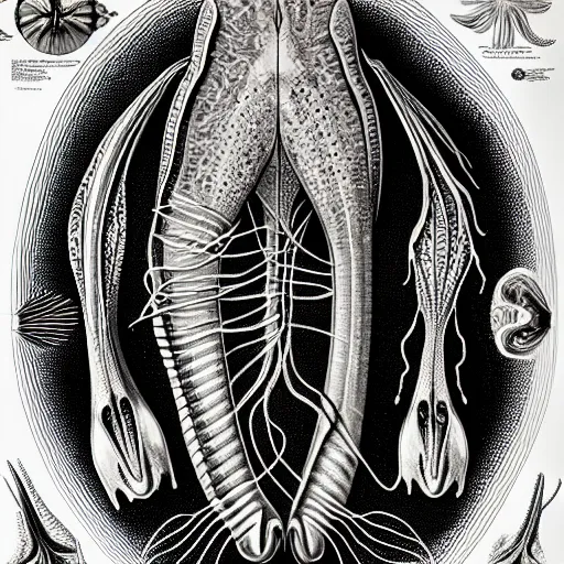 Image similar to alien fish anatomy by ernst haeckel, masterpiece, vivid, very detailed