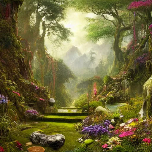 Image similar to a beautiful and highly detailed matte painting of a magical flower covered pergoda in a fantasy garden in a lush forest deep in the mystical mountains, intricate details, epic scale, insanely complex, 8 k, sharp focus, hyperrealism, very realistic, by caspar friedrich, albert bierstadt, james gurney, brian froud,