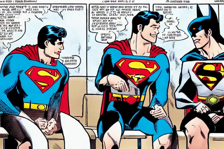 Image similar to Superman and Batman sitting in a train talking about the new marvel movie, as a panel of a Marvel comic