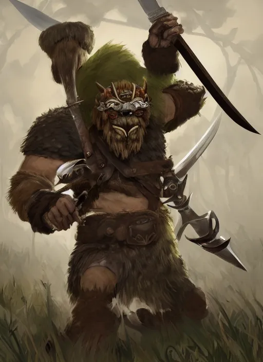 Image similar to strong young man, photorealistic bugbear ranger holding aflaming sword, black beard, dungeons and dragons, pathfinder, roleplaying game art, hunters gear, jeweled ornate leather and steel armour, concept art, character design on white background, by studio ghibli, makoto shinkai, kim jung giu, poster art, game art