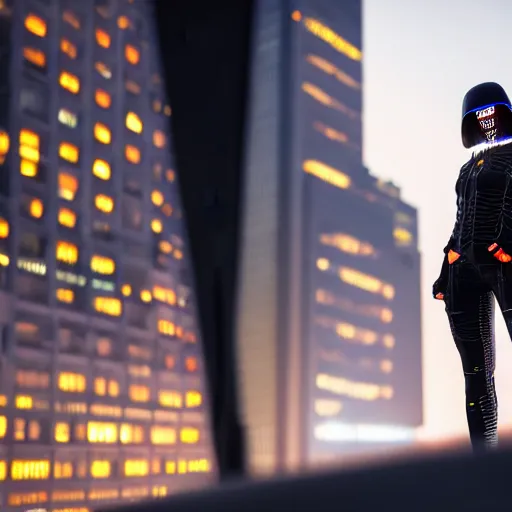 Image similar to photographic portrait of a techwear woman, closeup, on the rooftop of a futuristic city at night, sigma 8 5 mm f / 1. 4, 4 k, depth of field, high resolution, 4 k, 8 k, hd, full color