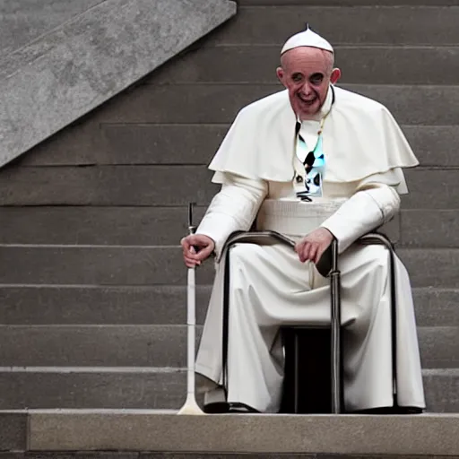 Prompt: the pope on a pogo stick going down marble staircase