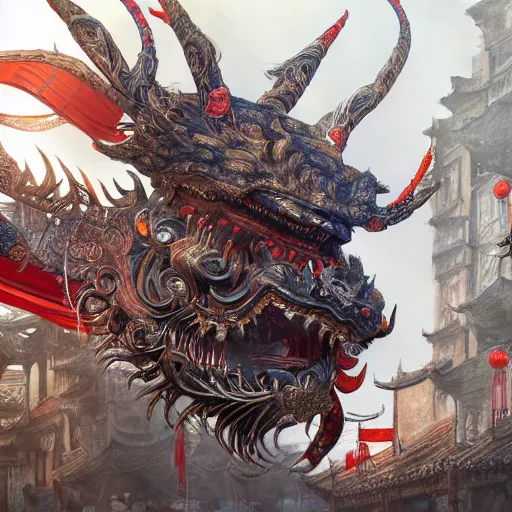 Prompt: chinese new year festival, intricate detail, royo, vallejo, frazetta, giger, whealan, hd, unreal engine,