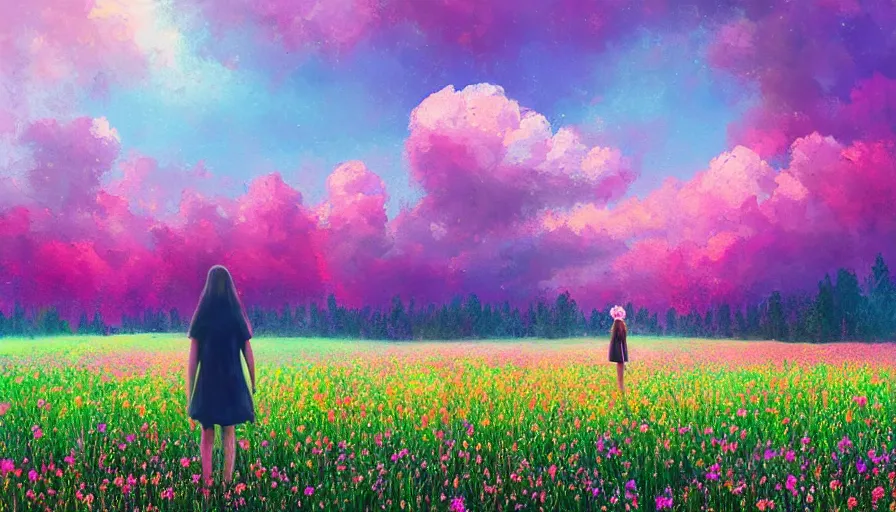 Image similar to girl with an blooming flower face, surreal photography, dream, standing in flower field, hills, big trees, sunrise dramatic light, impressionist painting, colorful clouds, digital painting, pointillism, artstation, simon stalenhag
