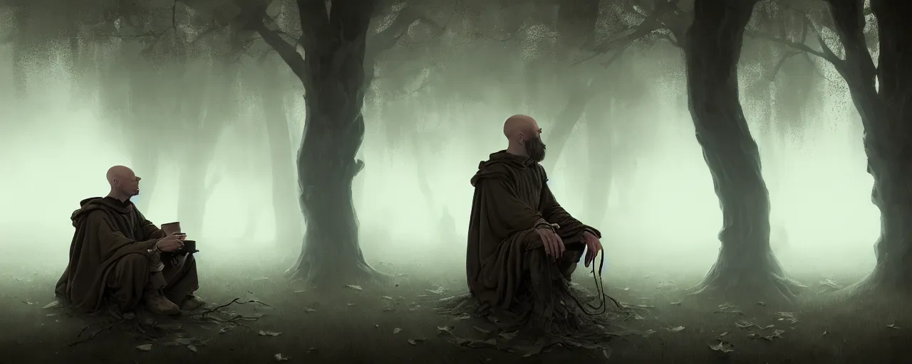 Prompt: duotone telephoto concept illustration 3 / 4 portrait bald merchant demon sitting below willow tree in a fog rustical style. medieval brown tunic with pouches. cinematic volumentric lighting. accidental renaissance. by sachin teng and sergey kolesov and ruan jia and heng z. graffiti art, scifi, fantasy, hyper detailed. octane render. trending on artstation