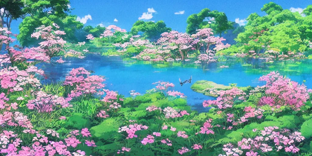 Image similar to a beautiful lake with blooming flowers, fantasy art, by studio ghibli