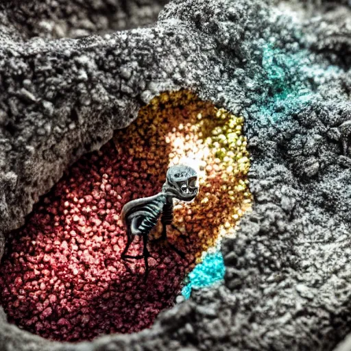 Image similar to photorealistic tiny dinosaur skeleton inside a geode of colored crystals