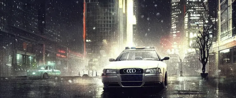 Image similar to Audi A4 B6 Avant (2002) chased by FBI, a gritty neo-noir, dramatic lighting, cinematic, establishing shot, extremely high detail, photorealistic, cinematic lighting, artstation, by simon stalenhag, Max Payne (PC) (2001) winter new york at night, eldritch horror