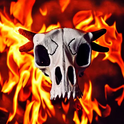 Prompt: a screaming angry cow skull, on fire, scary