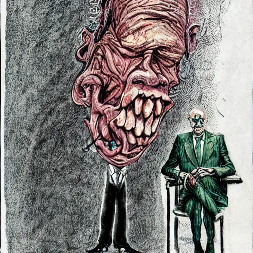 Image similar to Jacob Rothschild full body shot, dollar bills Body horror, biopunk, by Ralph Steadman, Francis Bacon, Hunter S Thompson