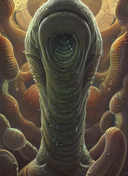 Image similar to full body shot of elon musk as slimy mollusk character, drool, wide angle, intricate, elegant, highly detailed, digital painting, artstation, concept art, wallpaper, smooth, sharp focus, illustration, art by artgerm and greg rutkowski and h. r. giger and alphonse mucha