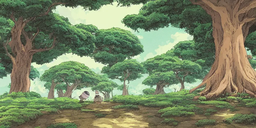 Prompt: landscape with ancient banyan trees, Studio Ghibli, Totoro, anime, illustrated