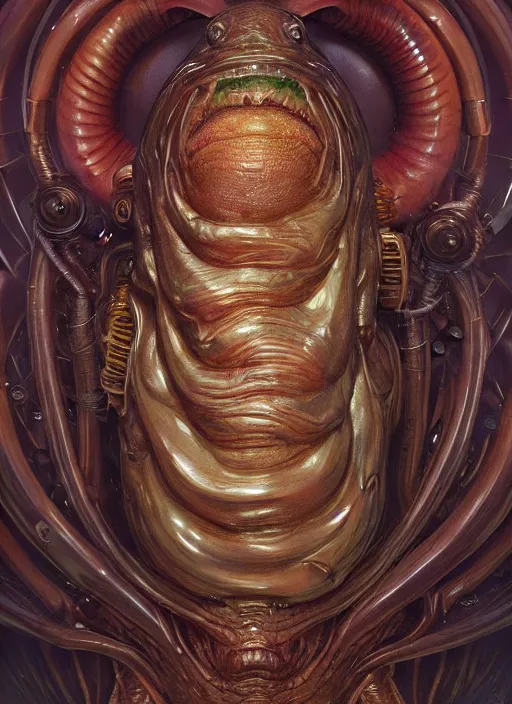 Image similar to far, full body shot of elon musk as slimy mollusk character, drool, wide angle, intricate, elegant, highly detailed, digital painting, artstation, concept art, wallpaper, smooth, sharp focus, illustration, art by artgerm and greg rutkowski and h. r. giger and alphonse mucha