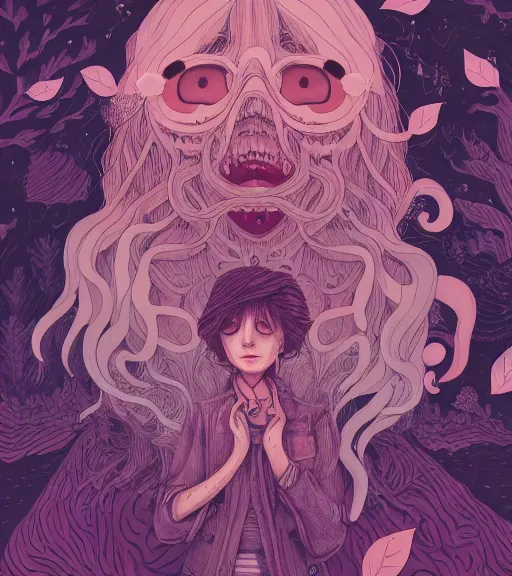 Prompt: portrait, nightmare anomalies, leaves with howl by miyazaki, violet and pink and white palette, illustration, kenneth blom, mental alchemy, james jean, pablo amaringo, naudline pierre, contemporary art, hyper detailed