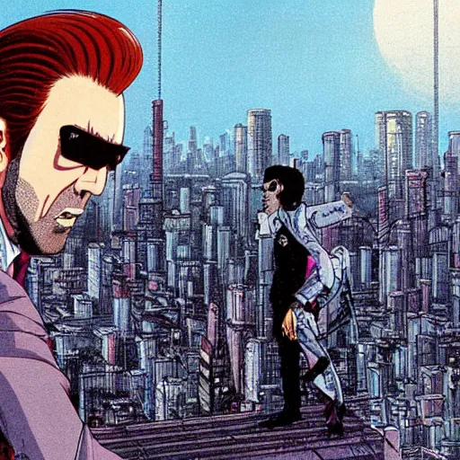 Image similar to Nic Cage sitting high atop the city on the edge of a building, cyberpunk, cel illustration, exquisitely detailed, Monkey Punch, Hayao Miyazaki, Kazuma Kaneko