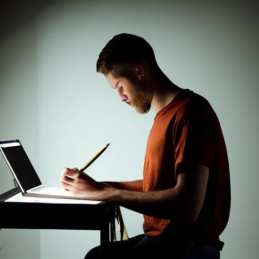 Image similar to a photograph of a man writing the novel of his life story, award - winning photograph, studio lighting, dramatic colors, striking lighting, perfect composition