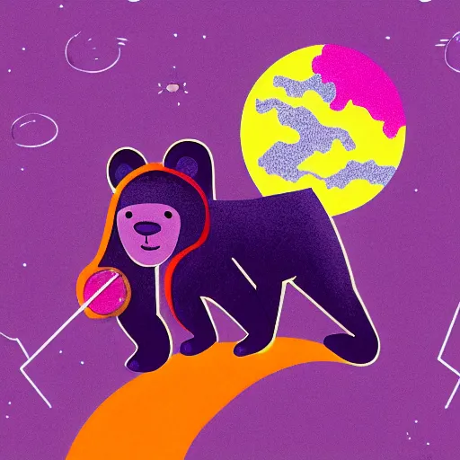 Image similar to cartoon illustration of a bear mascot being launched from a futuristic marble planet, purple and orange cloudland