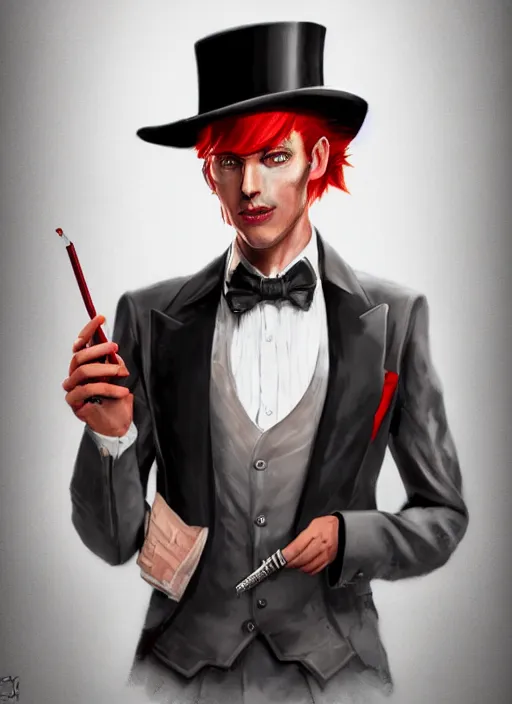 Image similar to a highly detailed illustration of stylish top hat wearing red haired ponytail man, with slight stubble, wearing suit vest, flashy smoking cigarette pose, intricate, elegant, highly detailed, centered, digital painting, artstation, concept art, smooth, sharp focus, league of legends concept art, WLOP