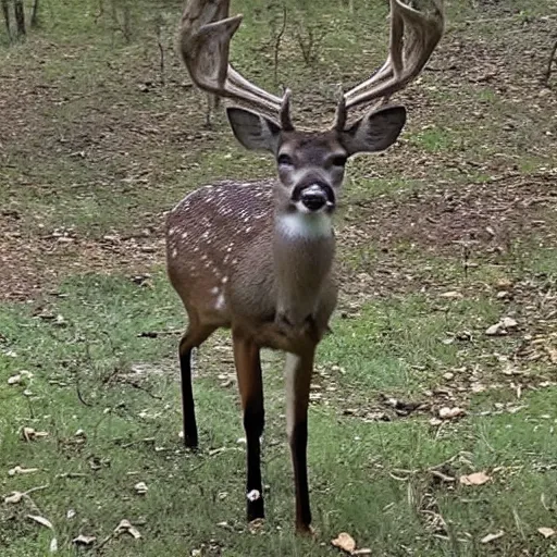 Image similar to trail cam footage of a deer without head with gigantic legs, low quality cursed video