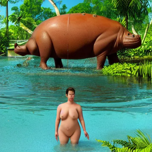 Prompt: 3D render of an anthropomorphic hippo wading in a pool at a beautiful and lush park. There is a jungle in the background, summer, warm gentle lighting, anatomy portrait, fullbody, symmetrical, 3D, with lightning, ultra colourful clean design, beksinski, carl spitzweg, Beeple, and Tuomas Korpi and bouguereau, good clear quality, warm lighting, biology, symmetrical artwork, perfect face, 135 mm, cinematic, hyper realism, high detail, octane render, Maya Render, 8k, pink and green accents