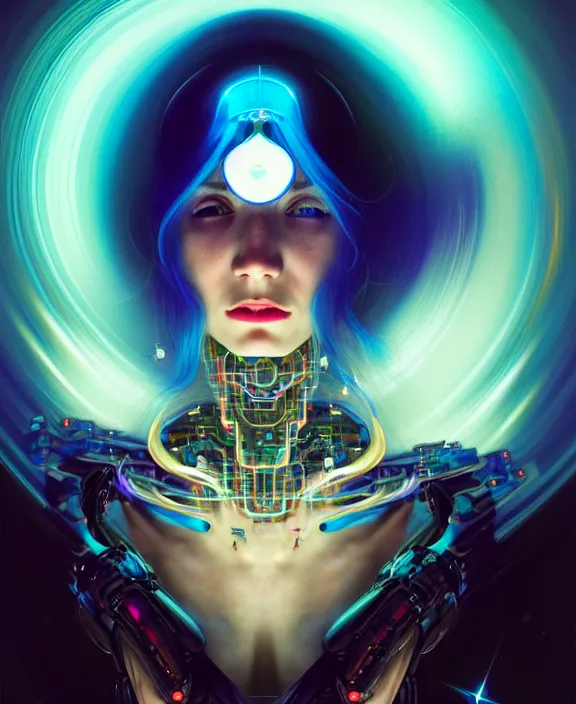 Image similar to a whirlwind of souls rushing inside the metaverse, hologram, half body, neurochip, shaved temple, piercing, jewelry, android, cyborg, cyberpunk face, by loish, d & d, fantasy, intricate, elegant, highly detailed, colorful, digital painting, artstation, concept art, art by artgerm and greg rutkowski and alphonse mucha