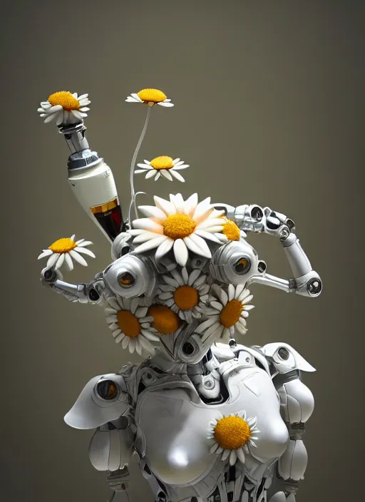 Image similar to biomechanical daisies well contoured smooth fair walls with marble statue carrying a bottle of perfume, up close shot, sharp focus, global illumination, radiant light, alexandre ferra white mecha, irakli nadar, octane highly render, 4 k, ultra hd,