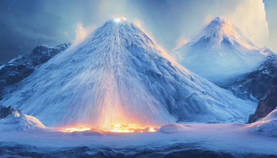 Prompt: A highly detailed matte painting of a snow volcano, a volcano in Antarctica, the volcano exploded with lava, flowing lava in the snow, ice, by Studio Ghibli, Makoto Shinkai, by Artgerm, by beeple, volumetric lighting, octane render, 4K resolution, trending on artstation, masterpiece