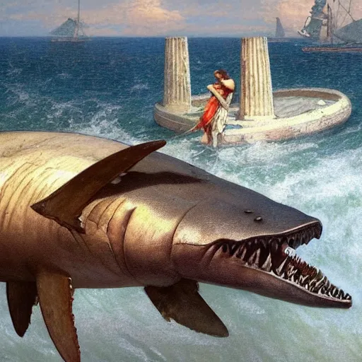 Image similar to megalodon designed in ancient Greece, (SFW) safe for work, photo realistic illustration by greg rutkowski, thomas kindkade, alphonse mucha, loish, norman rockwell