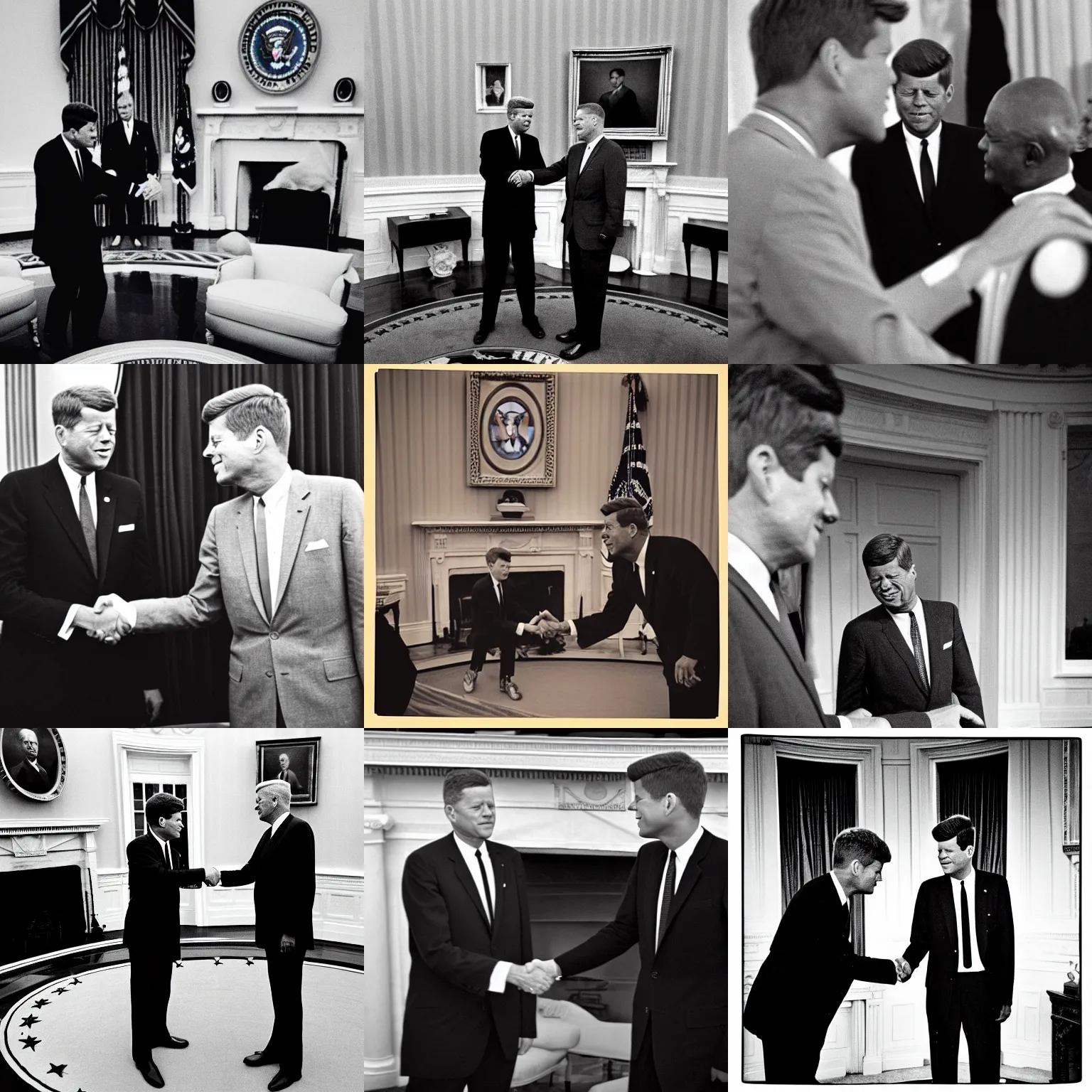 Prompt: John F. Kennedy and an Extraterrestrial Grey Alien doing a handshake in the White House oval office 1960, monochrome, instagram, trending, photograph, film grain and noise