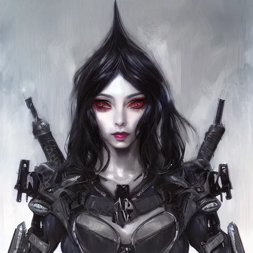 Image similar to portrait of a female dark elf witch by ayami kojima, she is about 2 0 years old, american, black hair, introvert, she is wearing a modern tactical gear, scifi, highly detailed portrait, digital painting, artstation, concept art, smooth, sharp foccus ilustration, artstation hq