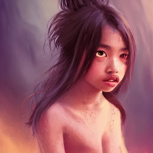 Prompt: a brown skinned asian vampire girl, child, freckles, evil, fangs, messy hair, embers intricate and very beautiful and elegant, highly detailed, digital painting, artstation, concept art, smooth and sharp focus, cg by tian zi