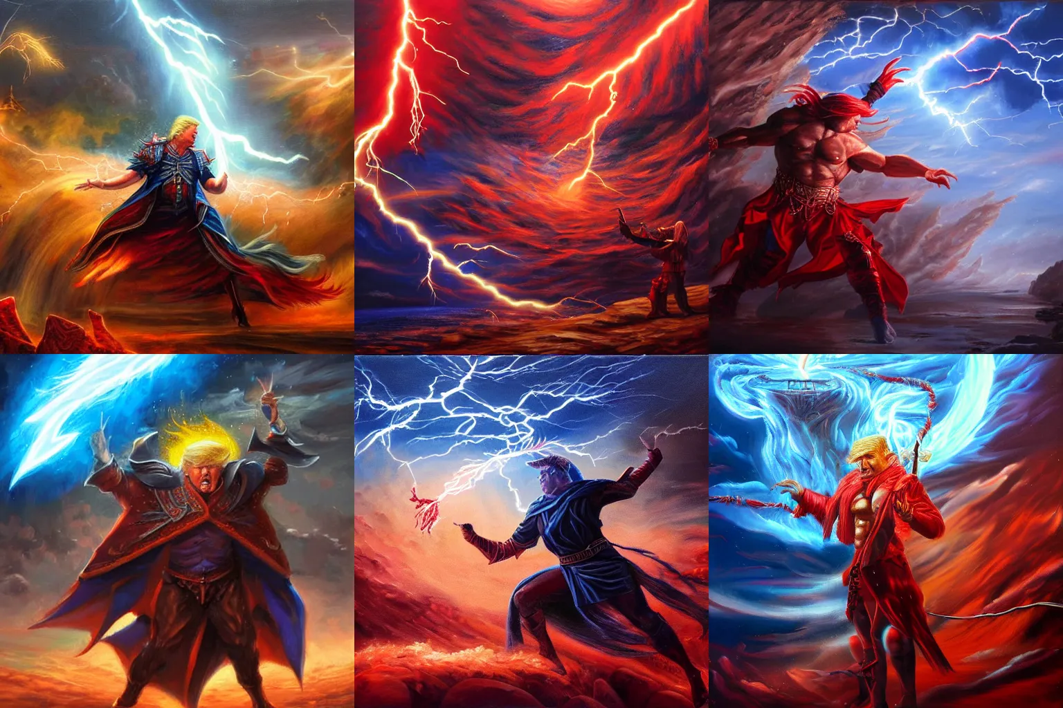 Prompt: highly detailed oil painting, concept art, trump casting a lightning spell, fighting against a huge ice giant, dark red and blue color scheme, concept art, highly detailed