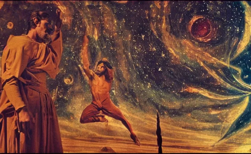 Image similar to scene from cosmologica ( 1 9 6 9 ), a movie by luchino visconti showing a man leaving the medieval cosmos to enter the new modern universe in the style of renaissance cosmological painting. cinematic, technicolor, direct lighting, highly detailed, highly intricate.