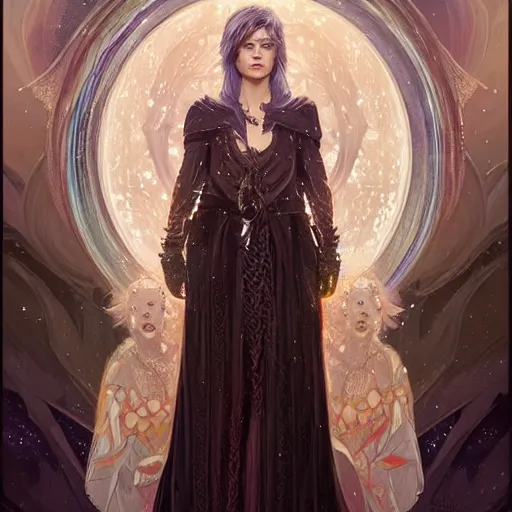 Prompt: portrait of a female stars druid with short white hair wearing a black robe covered in stars, half body, fantasy, highly detailed, digital painting, artstation, concept art, character art, art by greg rutkowski and magali villeneuve and alphonse mucha