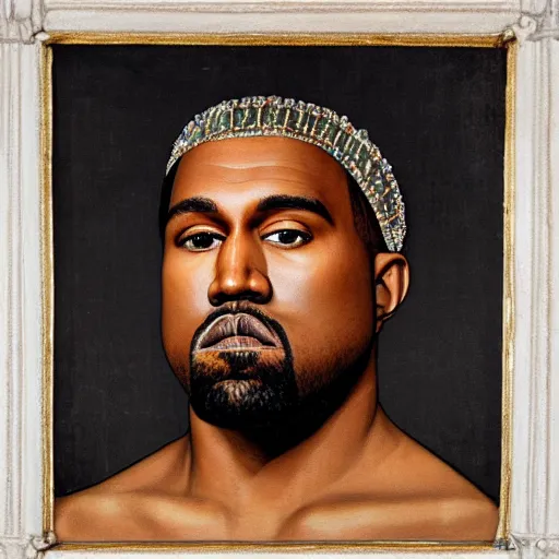 Image similar to a renaissance style portrait painting of kanye west wearing a crown