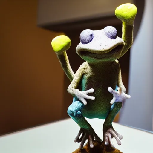 Prompt: a small frog standing on two feet at the hotel reception entry, claymation, aardman animation