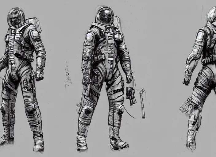 Prompt: front and back character view of Astronaut from Metal Gear Solid by Donato Giancola, Trending on artstation and pixiv concept art and sheet