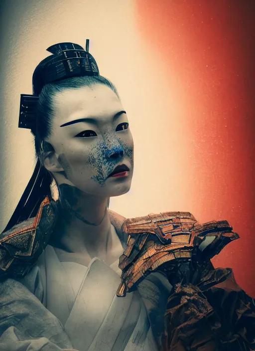 Image similar to portrait of a futuristic samurai geisha cyborg, kintsugi, modern fine art, fractal, intricate, elegant, highly detailed, digital photography, parallax, subsurface scattering, in the style of ghost, by jheronimus bosch and greg rutkowski,