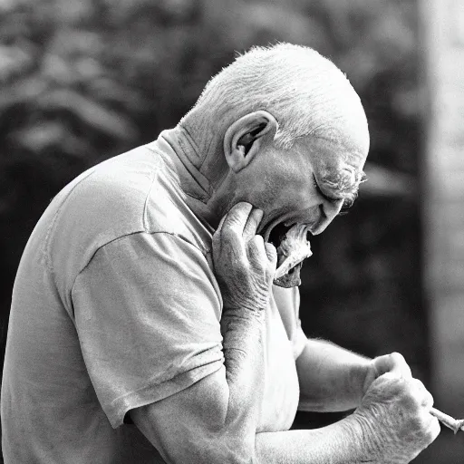 Image similar to old man struggling to eat a long corndog