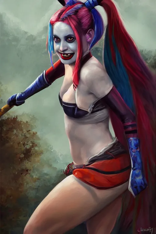Image similar to a full body high detail fantasy portrait oil painting illustration of harley quinn by justin sweet with face and body clearly visible, in a scenic background, pretty eyes, realistic proportions, d & d, rpg, forgotten realms, artstation trending, high quality, sombre mood, artstation trending, muted colours, entire person visible!