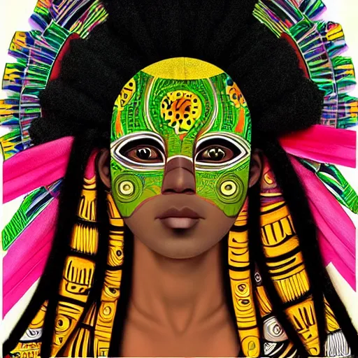 Image similar to Art in the style of Octavia Ocampo, Gaia, Mother Earth, side portrait, tribal mask inside mask, afrocentric mysticism