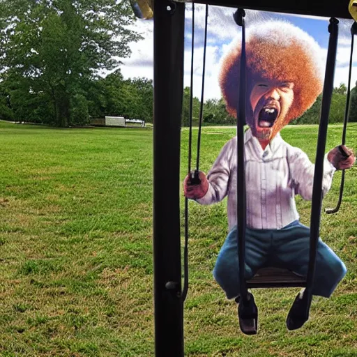 Image similar to angry bob ross screaming on the swingset