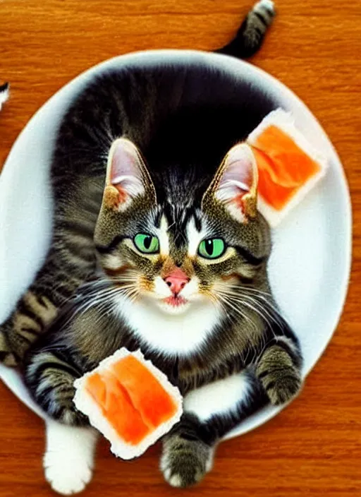 Image similar to clear photorealistic picture of adorable cats made out of sushi