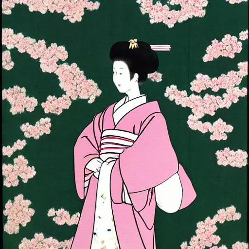 Image similar to A beautiful installation art of a young woman in a traditional kimono, with a background of sakura blossoms. emerald by Osamu Tezuka