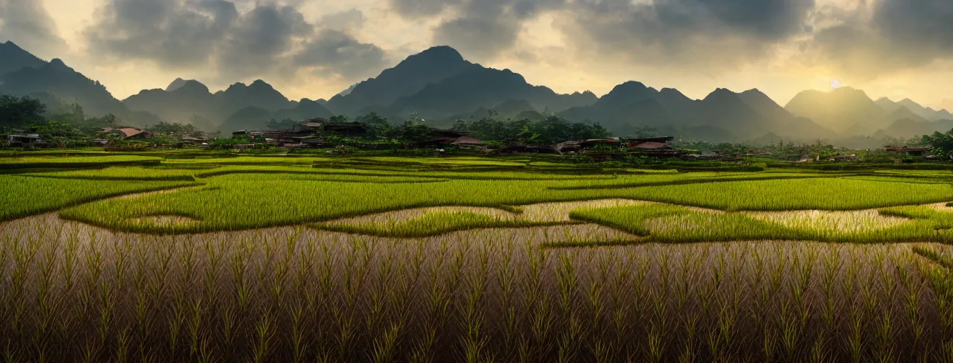 Image similar to Photo of paddy field of Yan, with several village and gunung jerai mountain at the background, wide angle, volumetric light, hyperdetailed, light water, artstation, cgsociety, 8k