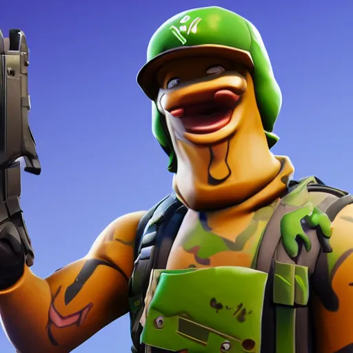 Image similar to fortnite character, anthropomorphic pickle, kind eyes and a derpy smile. flak jacket, ammo bandolier, cargo pants, black combat boots. fortnite style, unreal engine