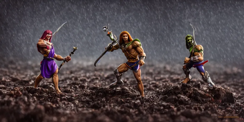 Prompt: skeletor and he - man in a sword fight, fog on the ground, heavy rain, lightning, moody lighting, shallow depth of field, photo realistic,